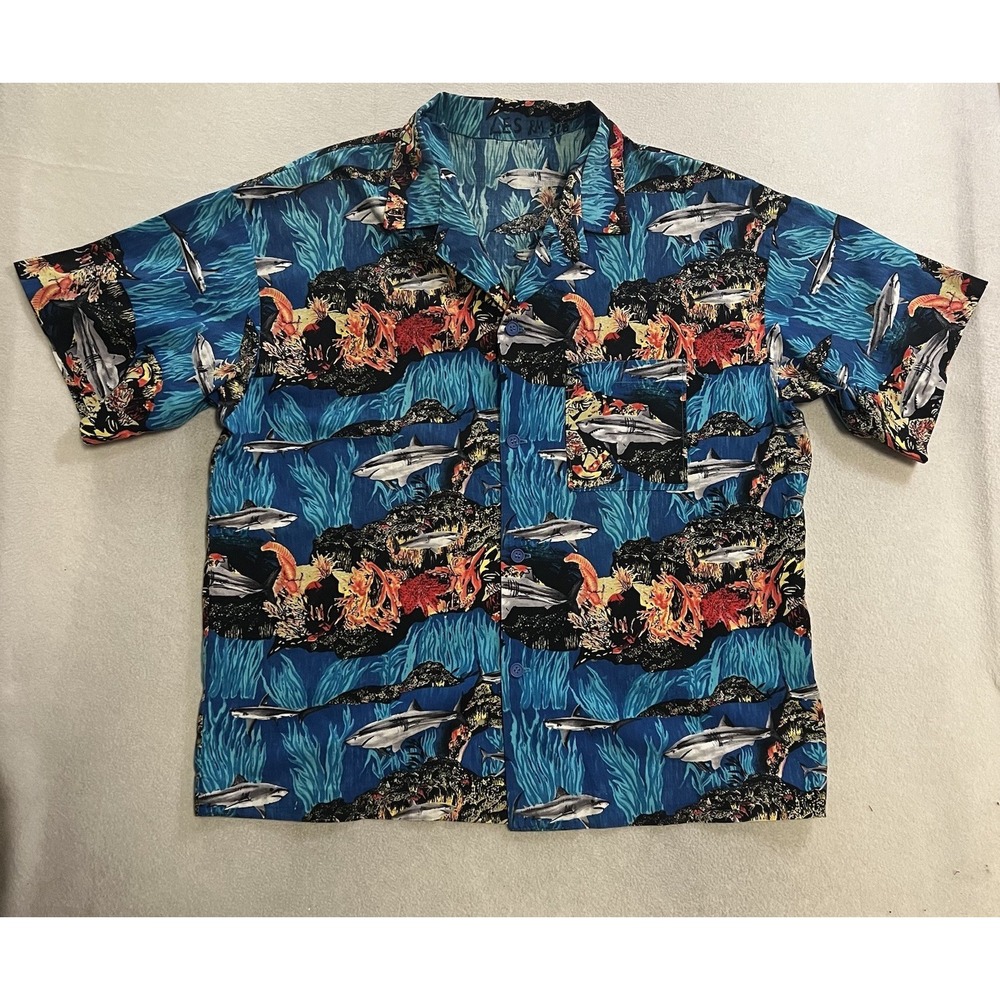 Vintage Hawaiian Shirt Men's Size 2XL Blue Shark Ocean AOP
